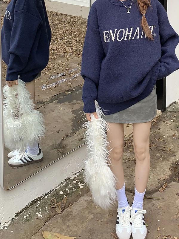 Simple Letter Jacquard Pullover Knit Sweater Product Image