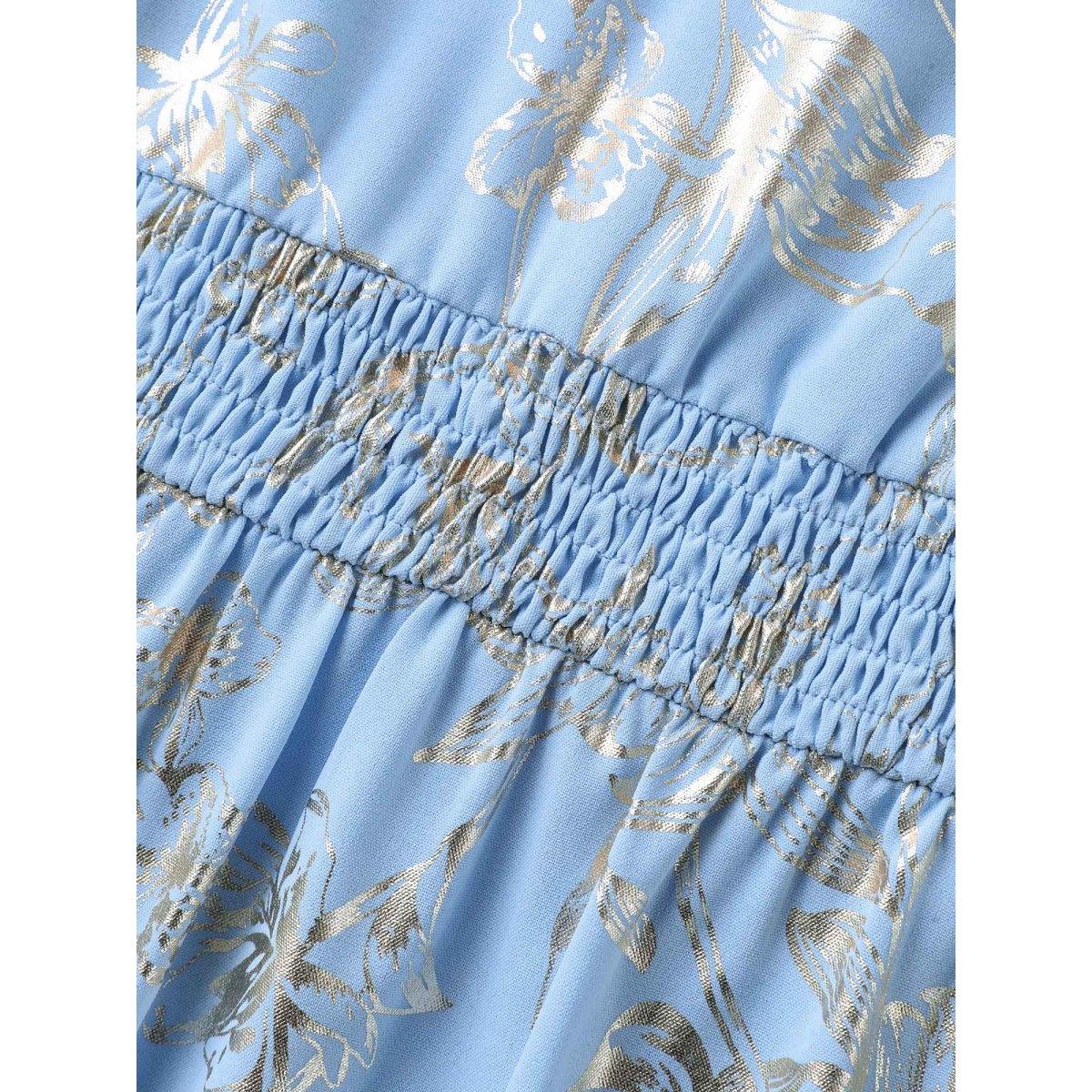 Plus Size Shimmery Textured Shirred Waist Maxi Dress LightBlue Women V-neck Elbow-length sleeve Curvy BloomChic 10/M Product Image