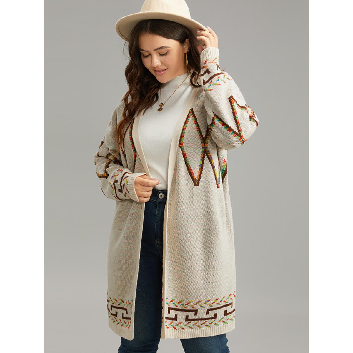 Plus Size Boho Geometric Print Open Front Cardigan Beige Women Casual Loose Long Sleeve Everyday Cardigans BloomChic 10/M Product Image