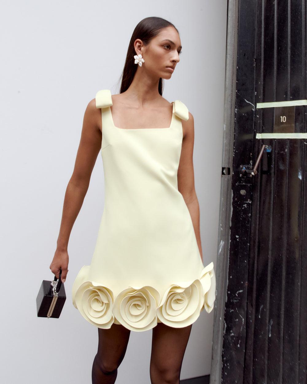 Yellow Crepe 3D Flower Mini Dress Product Image