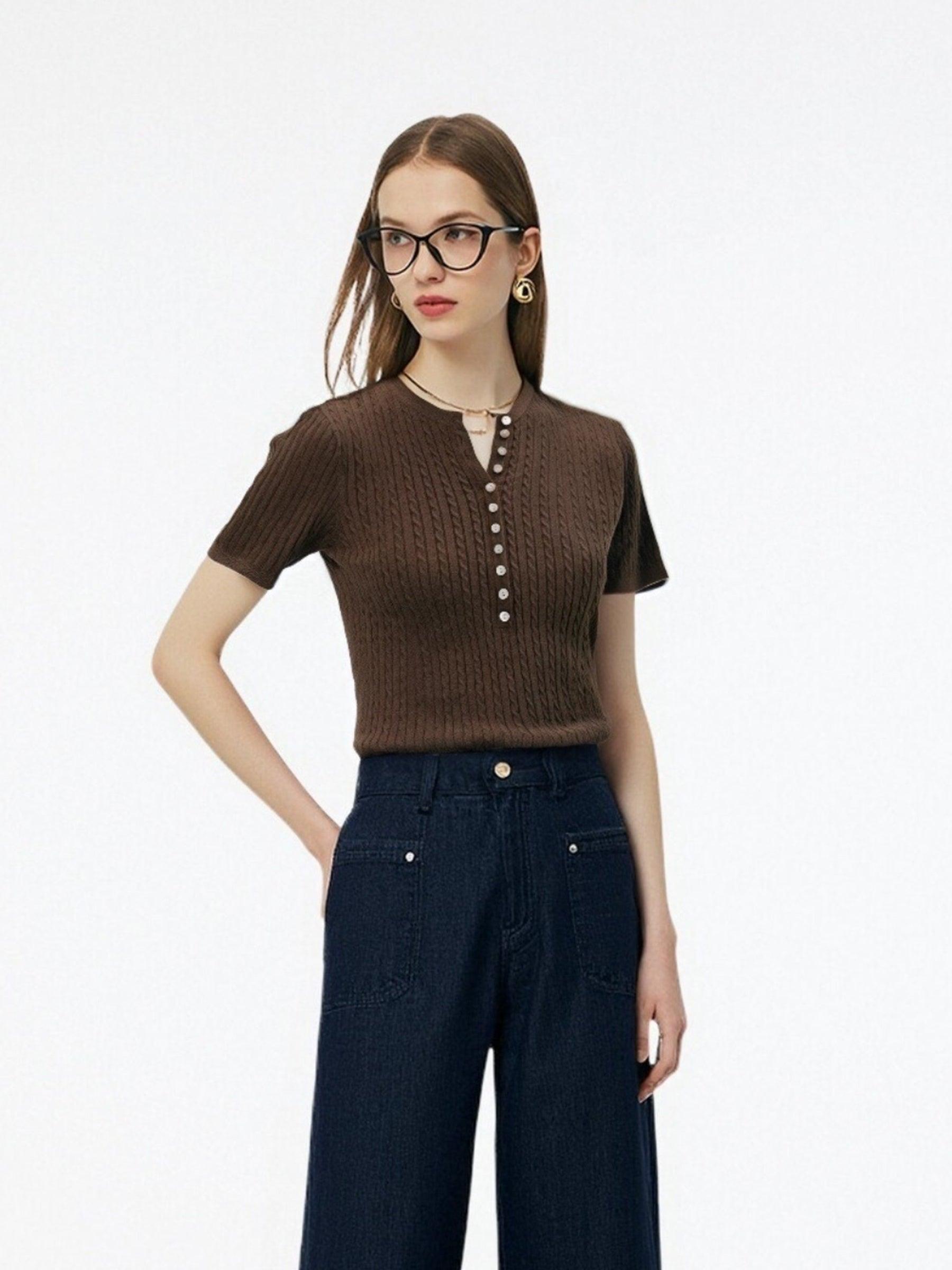 Henley Neck Women Knit Top Product Image