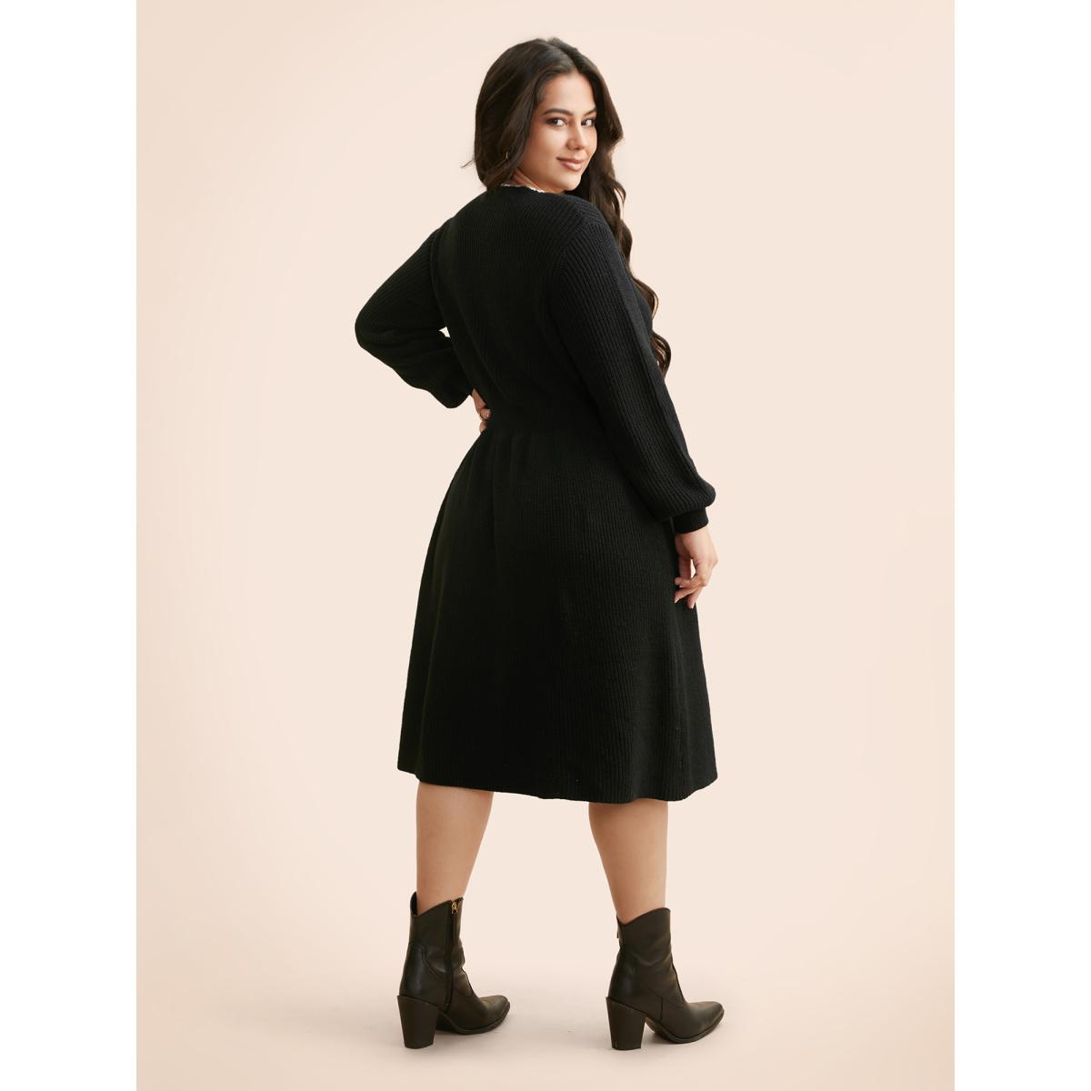 Plus Size Supersoft Essentials Contrast Lace Collar Wool Sweater Dress Black Women Casual Long Sleeve Everyday Sweater Dresses BloomChic 12/L Product Image