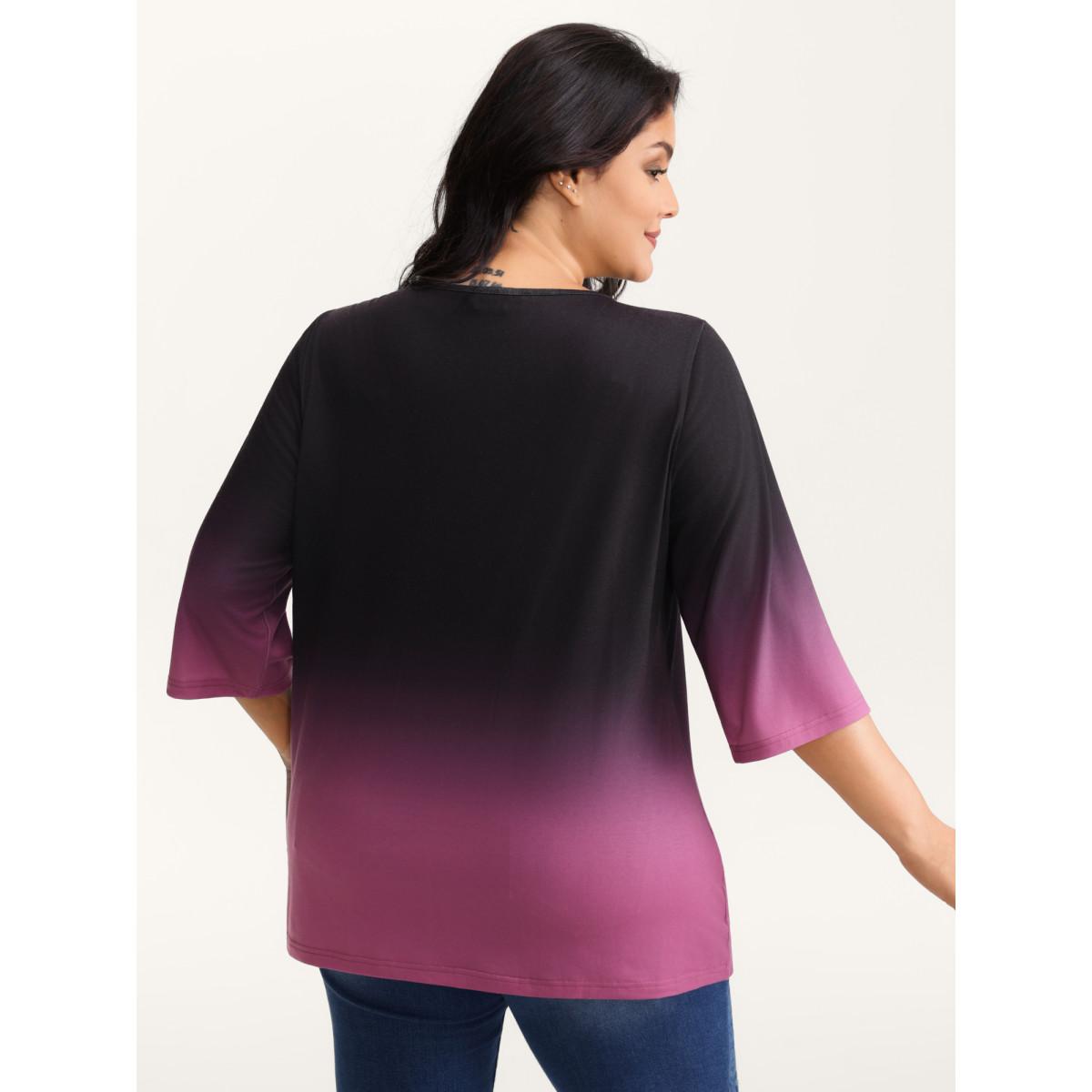 Plus Size Color Gradient Pleated Button T-Shirt RedViolet Women Leisure Round Neck Casual T-shirts BloomChic 30/6X Product Image