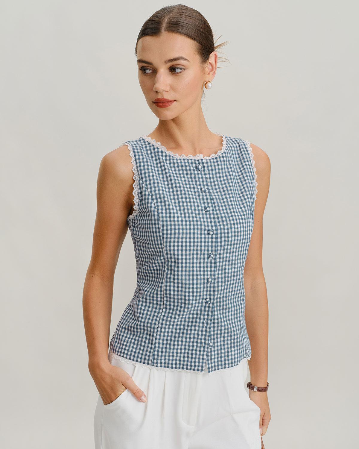 Blue Plaid Boat Neck Tank Top Product Image