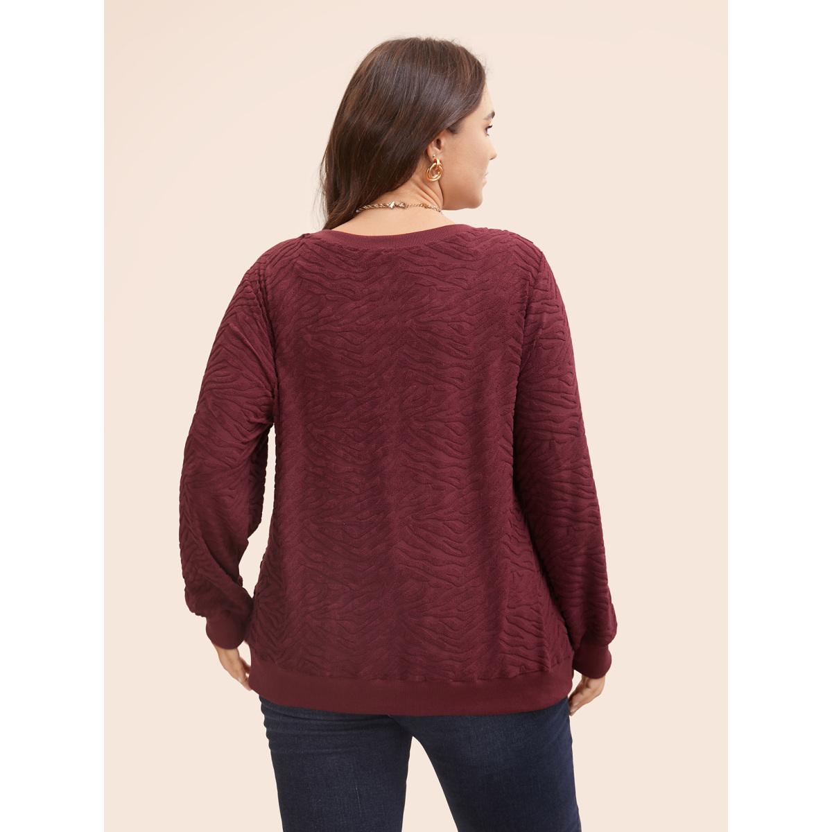 Plus Size Animal Print Textured Crew Neck Sweatshirt Women Burgundy Casual Patchwork Round Neck Everyday Sweatshirts BloomChic 22-24/3X Product Image