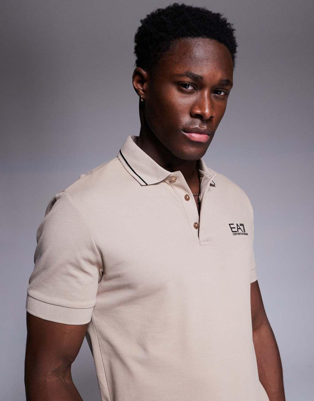 Armani EA7 short sleeve tipped logo polo shirt in beige Product Image