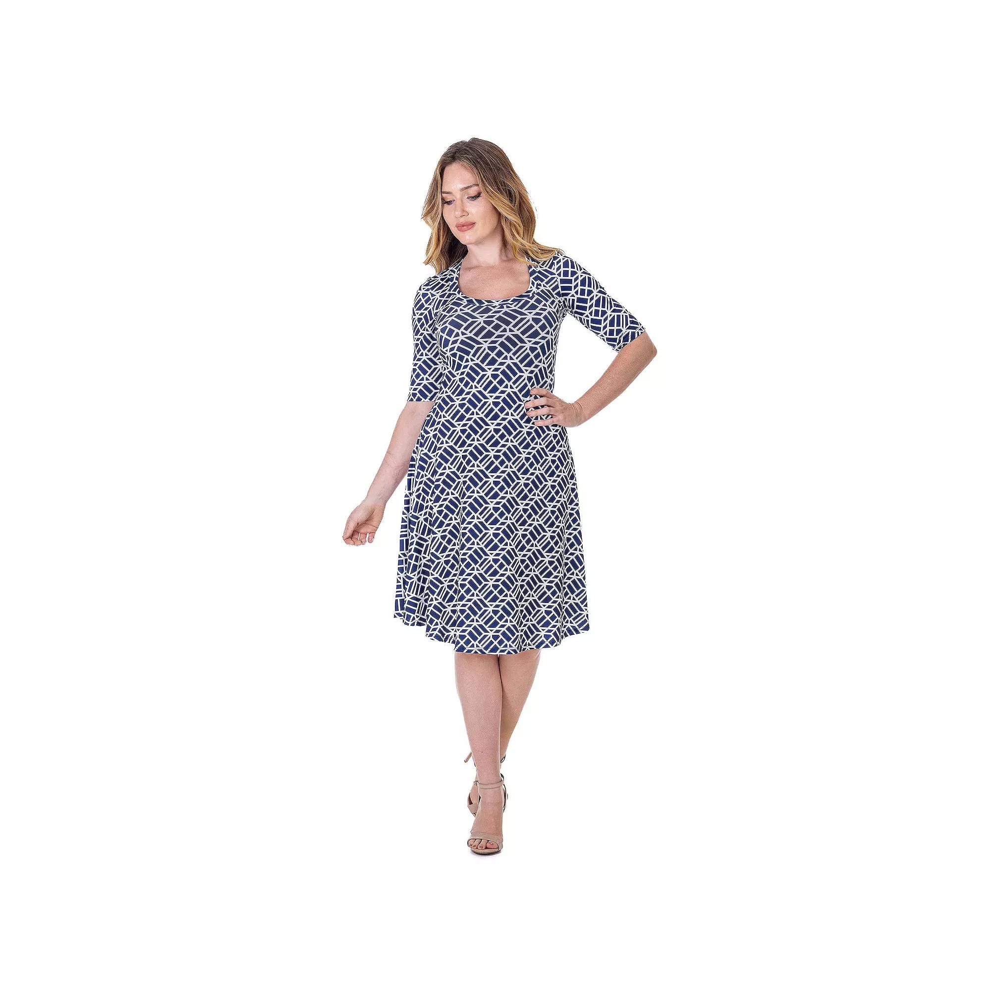 Women's 24Seven Comfort Apparel Geometric Print Knee Length Elbow Sleeve Dress, Size: Small, Blue Team Product Image
