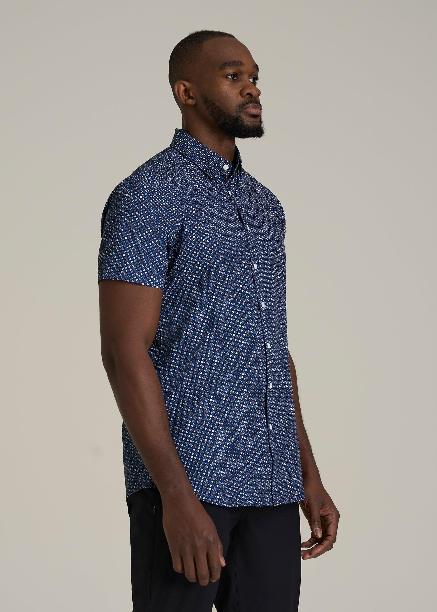 Short Sleeve Traveler Stretch Button Shirt for Tall Men in Blue Fleck Male Product Image