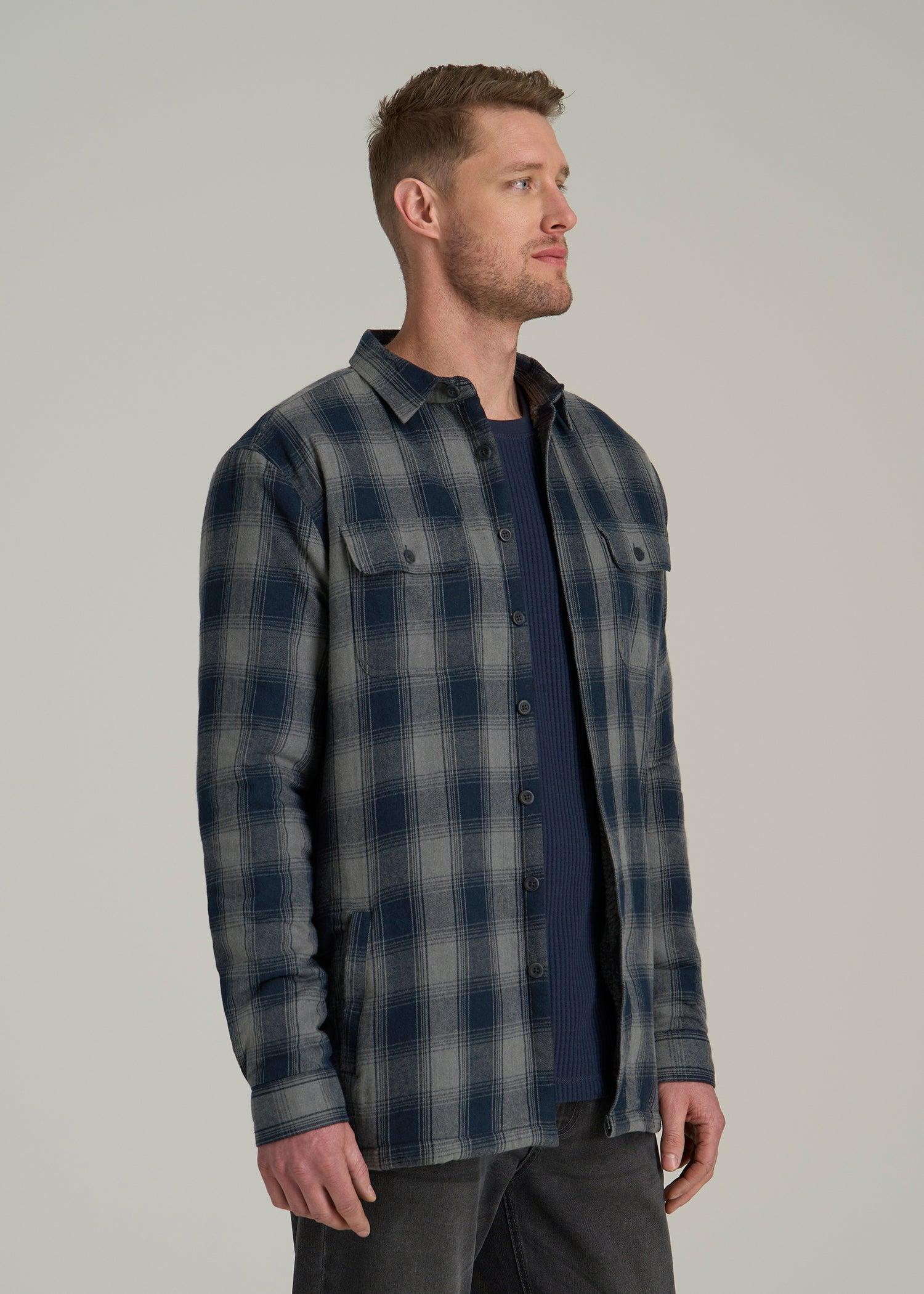 LJ&S Sherpa-Lined Shirt Jacket for Tall Men in Midnight Navy & Medium Grey Plaid Male Product Image