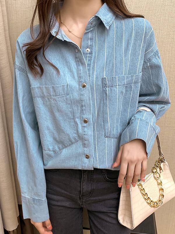 Vintage Striped Splice Denim Blouses&Shirts Product Image