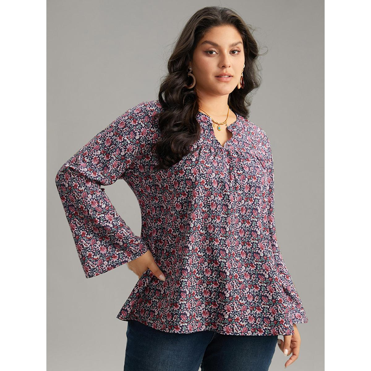 Plus Size Indigo Ditsy Floral Notched Bell Sleeve Blouse Women Vacation Long Sleeve Notched collar Dailywear Blouses BloomChic 10/M Product Image