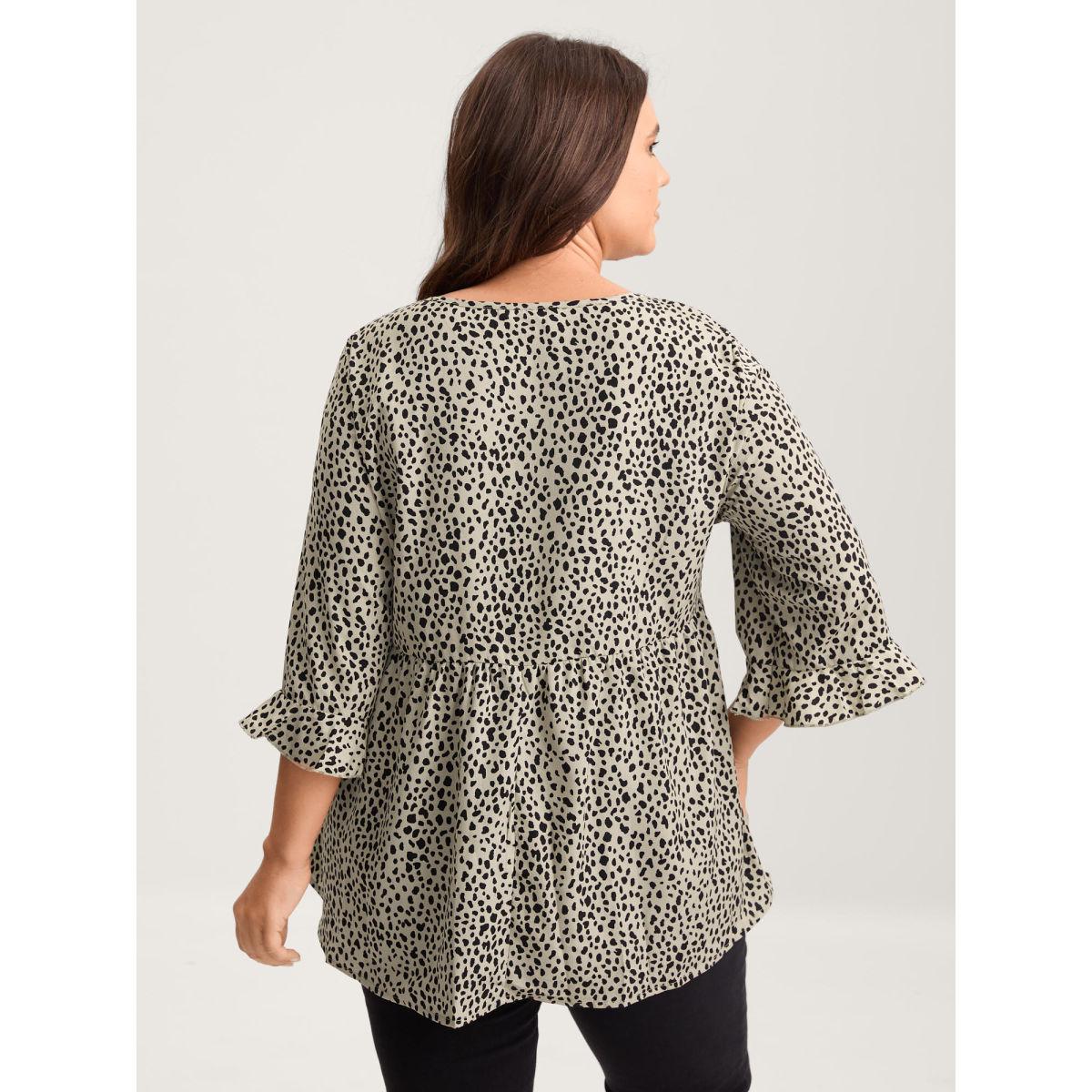 Plus Size Champagne Leopard Print Ruffled Detail V-Neck Blouse Women Leisure Elbow-length sleeve V-neck Casual Blouses BloomChic 30/6X Product Image