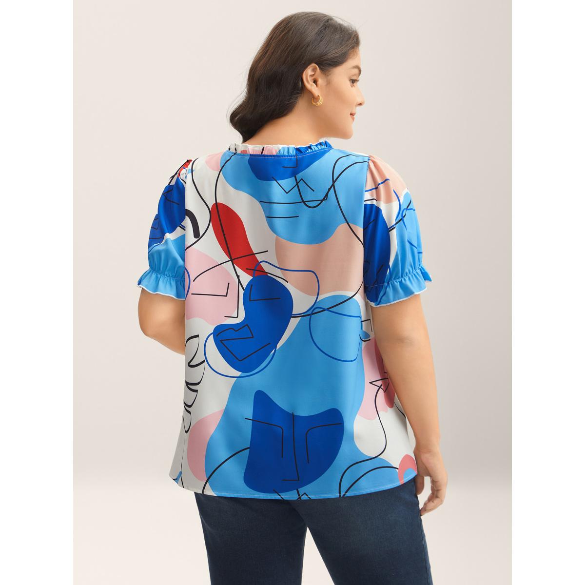 Plus Size Multicolor Whimsical Pattern Shirred Puff Sleeve Blouse Women Short sleeve Stand-up collar Everyday-Elegant Blouses BloomChic 10/M Product Image