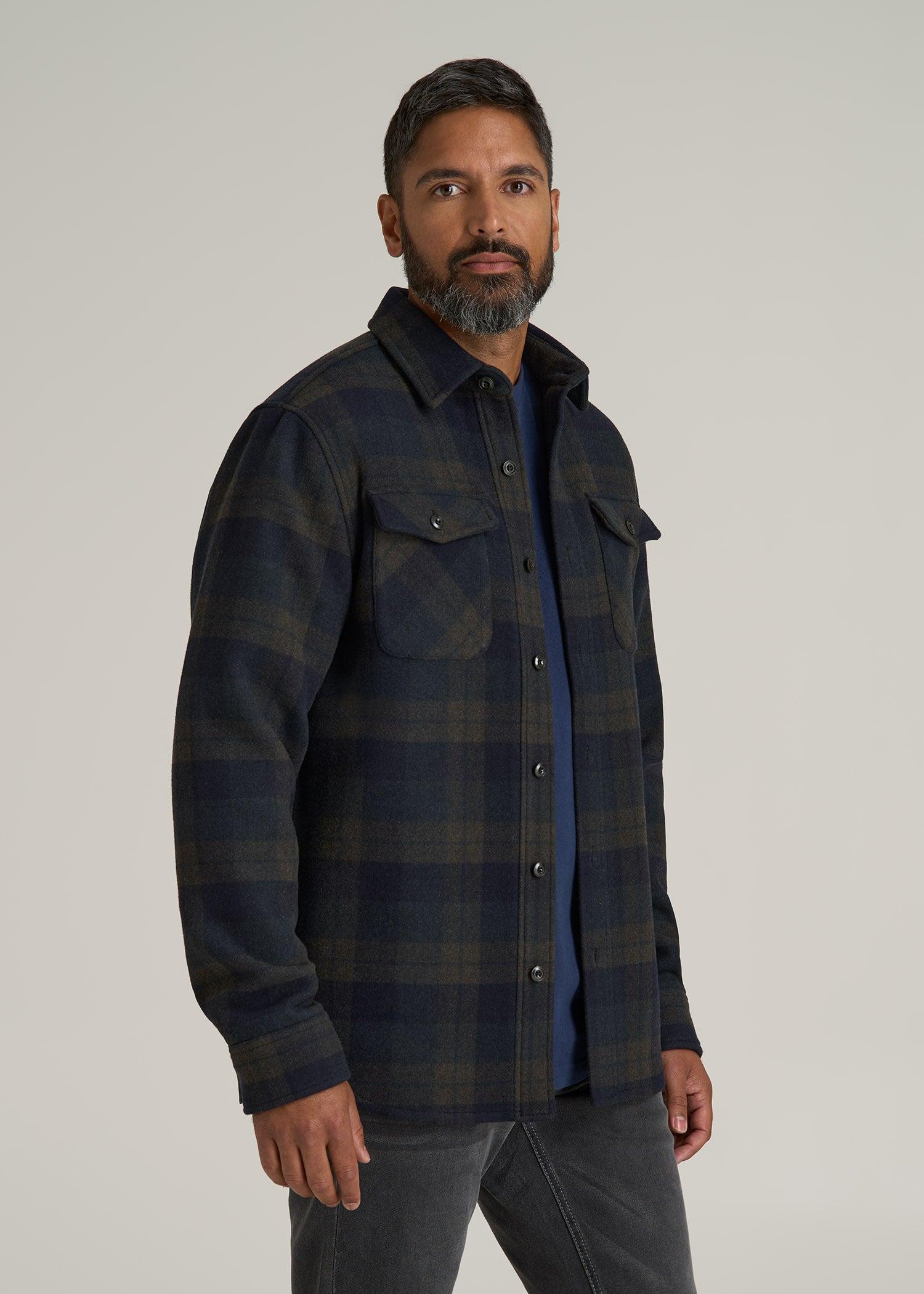 LJ&S Wool Blend Shirt Jacket for Tall Men in Green and Navy Plaid Male Product Image