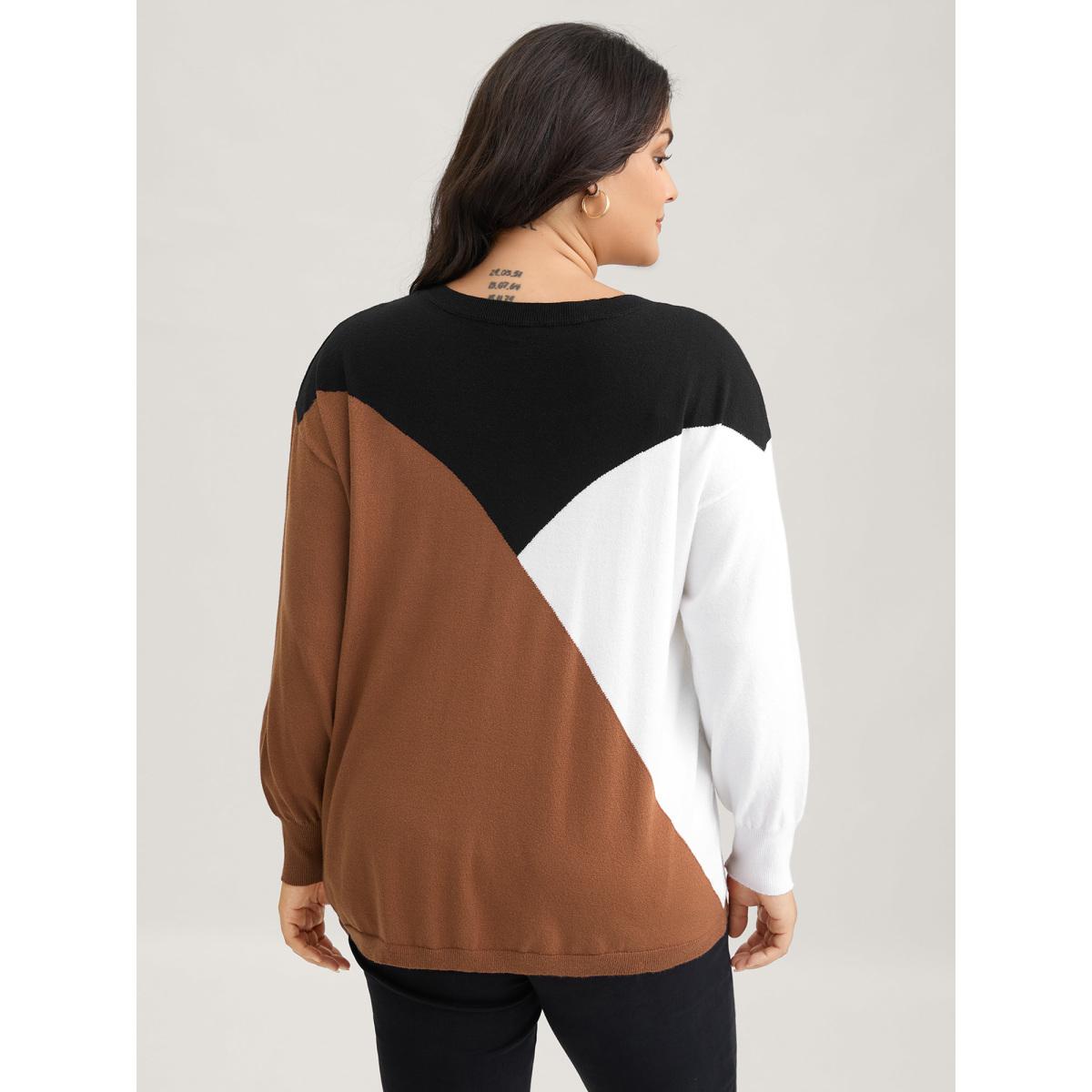Plus Size Supersoft Essentials Colorblock Contrast Pullover Browncoffeecolor Women Leisure Long Sleeve Round Neck Casual Pullovers BloomChic 12/L Product Image