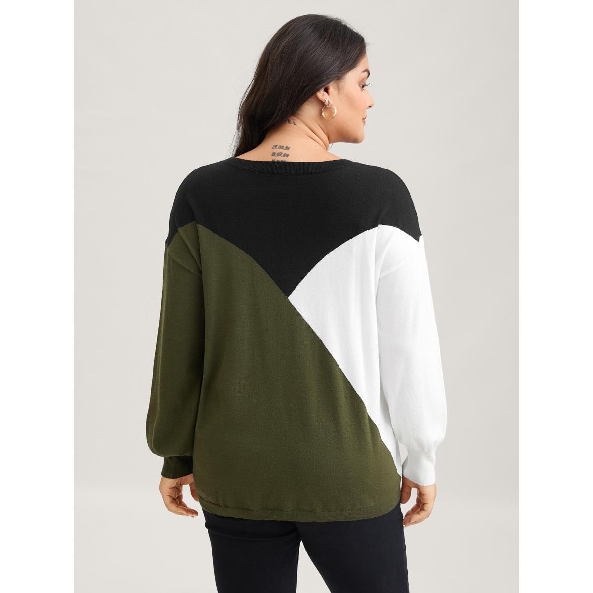 Plus Size Supersoft Essentials Colorblock Contrast Pullover ArmyGreen Women Leisure Long Sleeve Round Neck Casual Pullovers BloomChic 26/4X Product Image