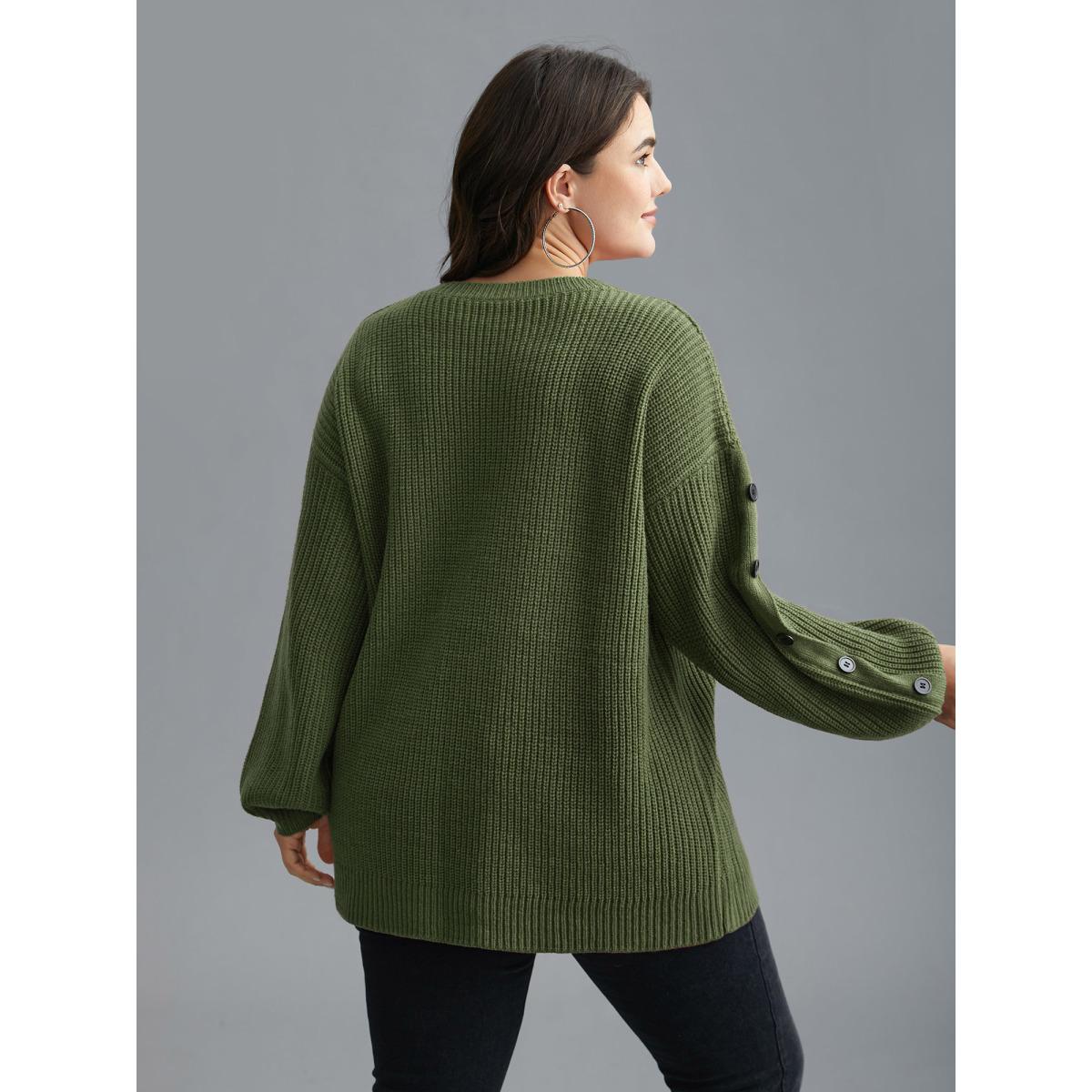 Plus Size Textured Drop Shoulder Button Detailing Pullover ArmyGreen Women Casual Loose Long Sleeve Round Neck Everyday Pullovers BloomChic 28/5X Product Image