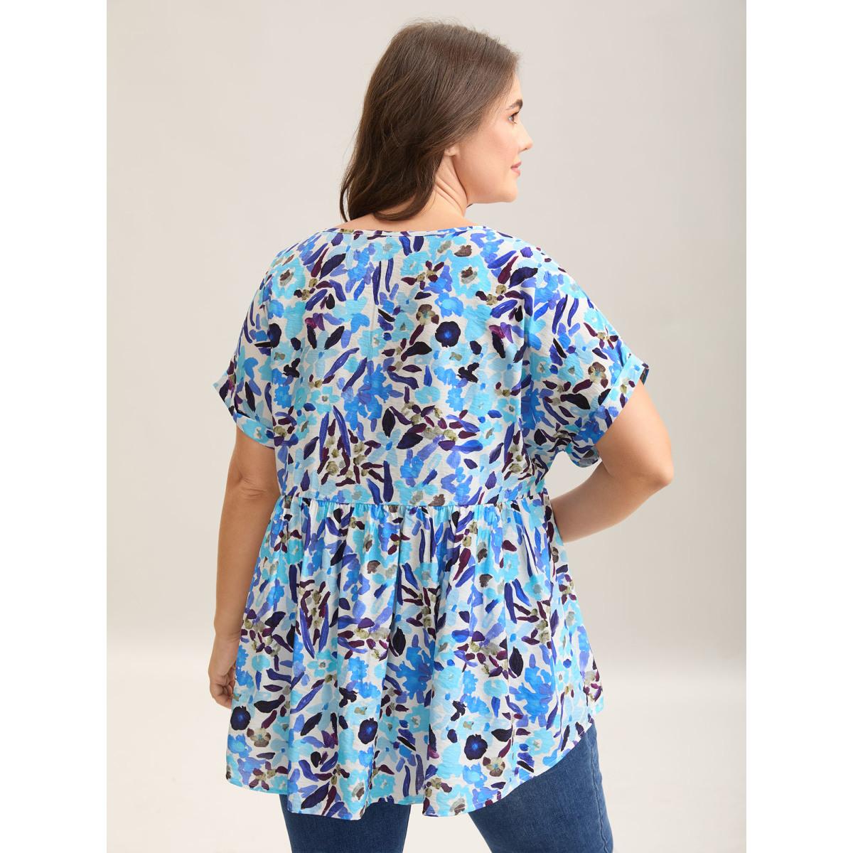 Plus Size LightBlue Fruit Print Curved Hem Batwing Sleeve Blouse Women Leisure Cap Sleeve Round Neck Casual Blouses BloomChic 30/6X Product Image