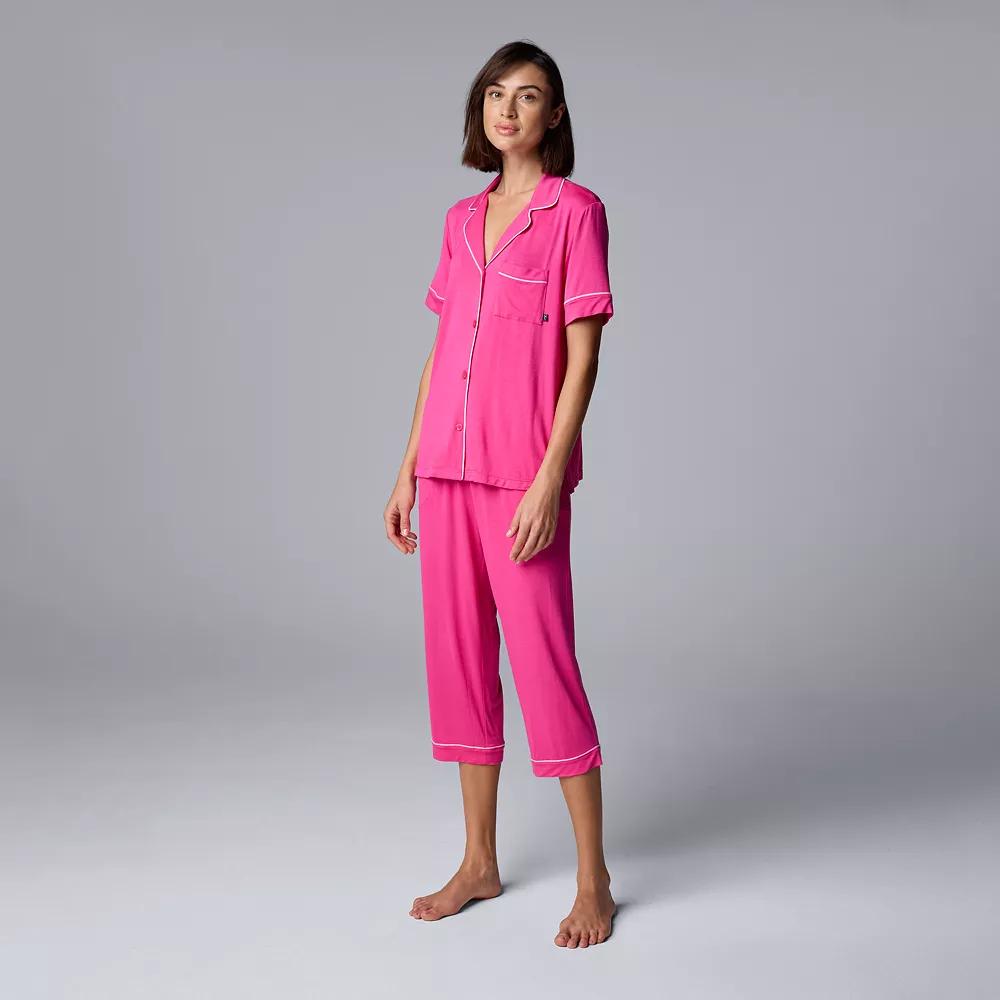 Women's Simply Vera Vera Wang Basic Luxury Notch Collar Pajama Shirt & Pajama Capris Set, Size: Medium, Pink Pink Product Image