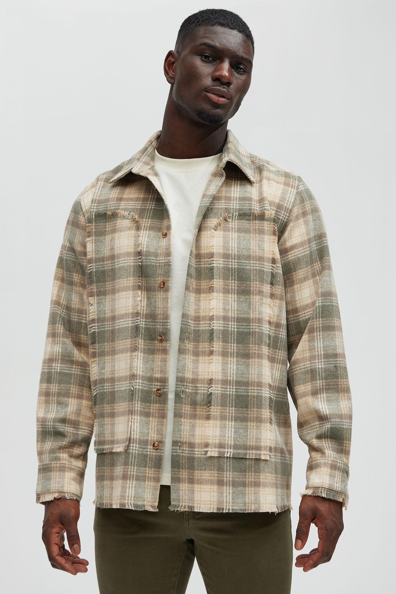 Victory Frayed Flannel Button Up Shirt - Taupe Product Image