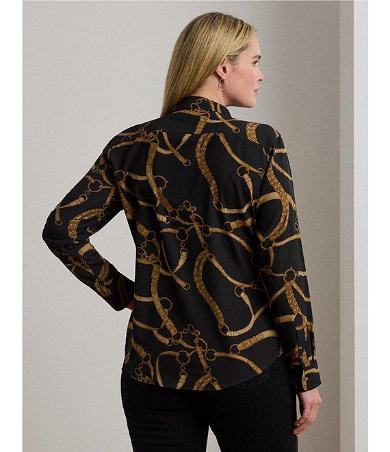 Lauren Ralph Lauren Plus Size Crepe de Chine Belting Print Point Collar Long Sleeve Button Front Shirt Product Image