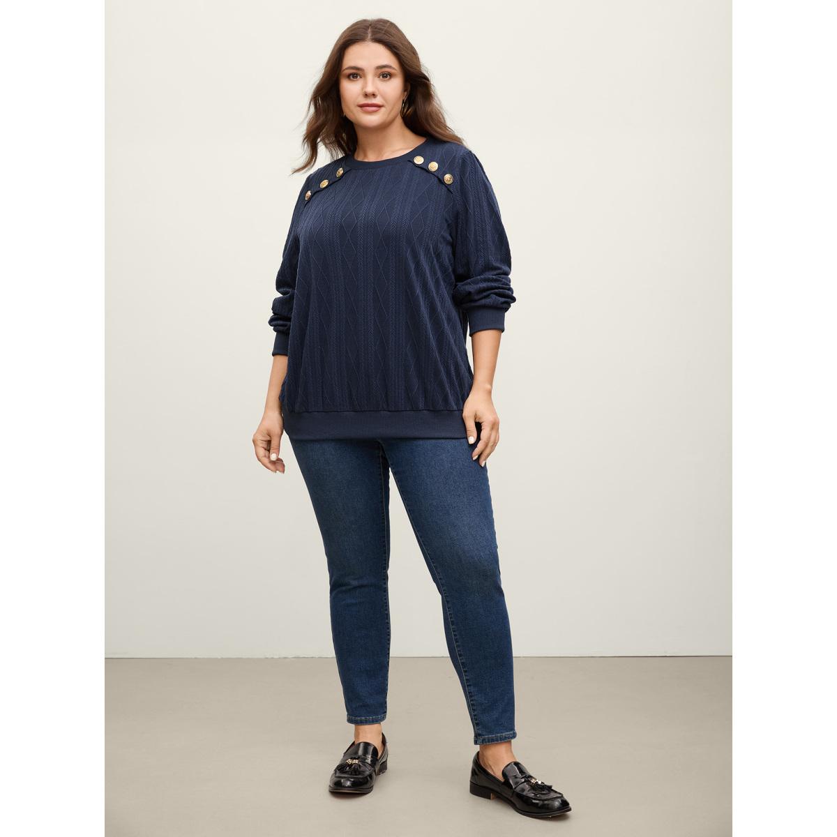 Plus Size Shoulder Button Textured Solid Sweatshirt Women Navy Office Round Neck Office Sweatshirts BloomChic 14-16/1X Product Image