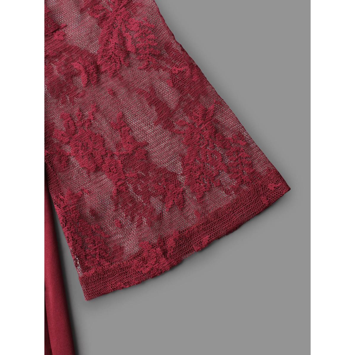 Plus Size Crochet Lace Mesh Bell Sleeve Dress Scarlet Women Elegant Woven ribbon&lace trim Heart neckline Long Sleeve Curvy BloomChic 14-16/1X Product Image