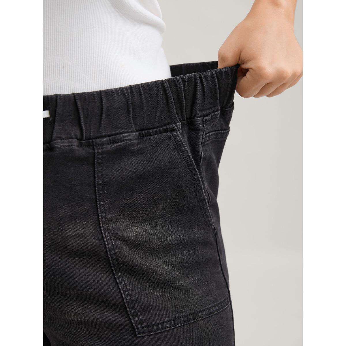 Plus Size Drawstring Elastic Waist Roll Hem Jeans Women Black Leisure Plain Drawstring High stretch Slanted pocket Jeans BloomChic 24/3X Product Image