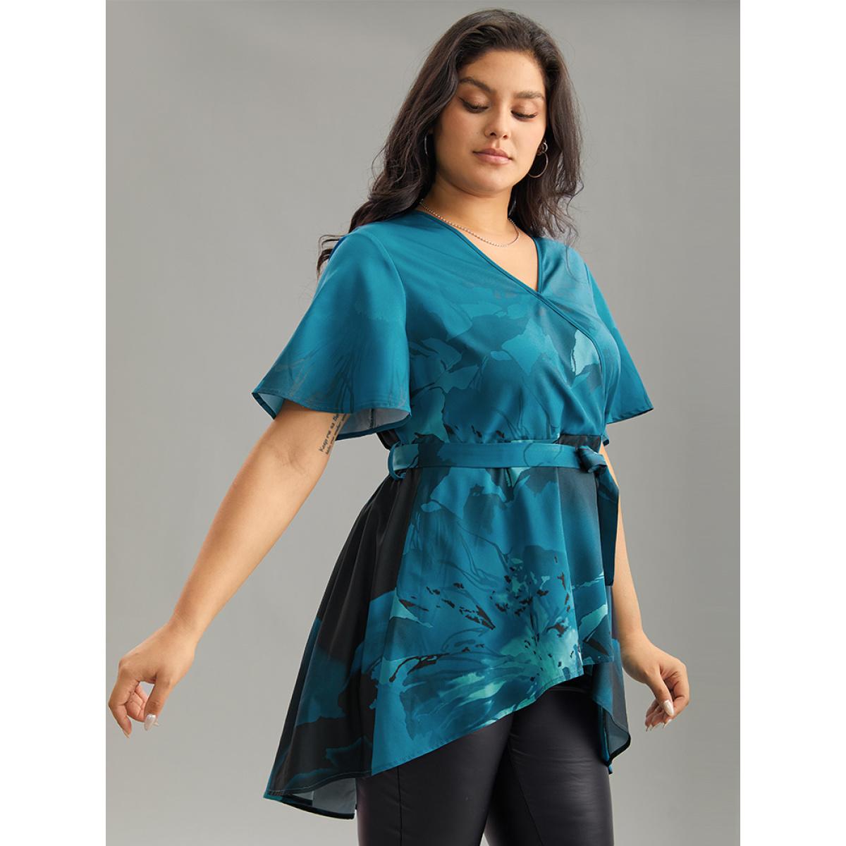 Plus Size Aegean Boho Print Wrap Ruffle Sleeve Blouse Women Elegant Short sleeve V-neck Dailywear Blouses BloomChic 12/L Product Image