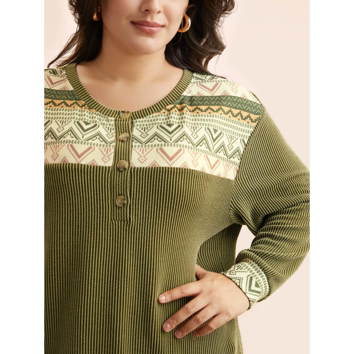 Plus Size Bandana Patchwork Button Up T-shirt ArmyGreen Women Casual Texture Round Neck Everyday T-shirts BloomChic 26/4X Product Image