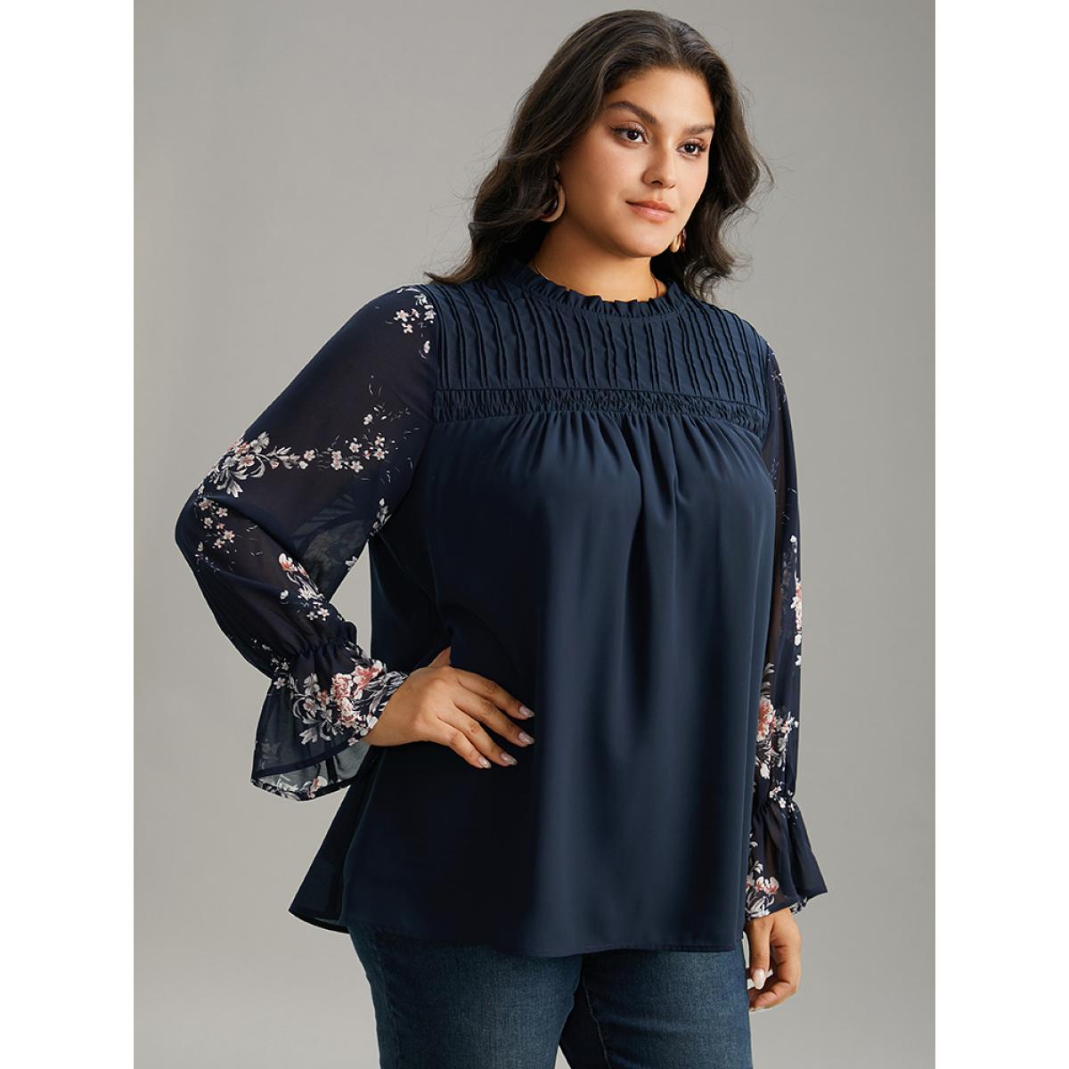 Plus Size Indigo Twill Floral Patchwork Shirred Mesh Frill Trim Blouse Women Elegant Long Sleeve Stand-up collar Dailywear Blouses BloomChic 22-24/3X Product Image
