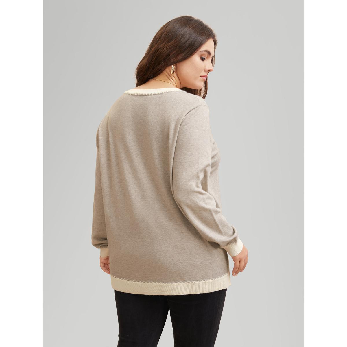 Plus Size Supersoft Essentials V Neck Contrast Crochet Pullover Apricot Women Casual Long Sleeve V-neck Everyday Pullovers BloomChic 12/L Product Image