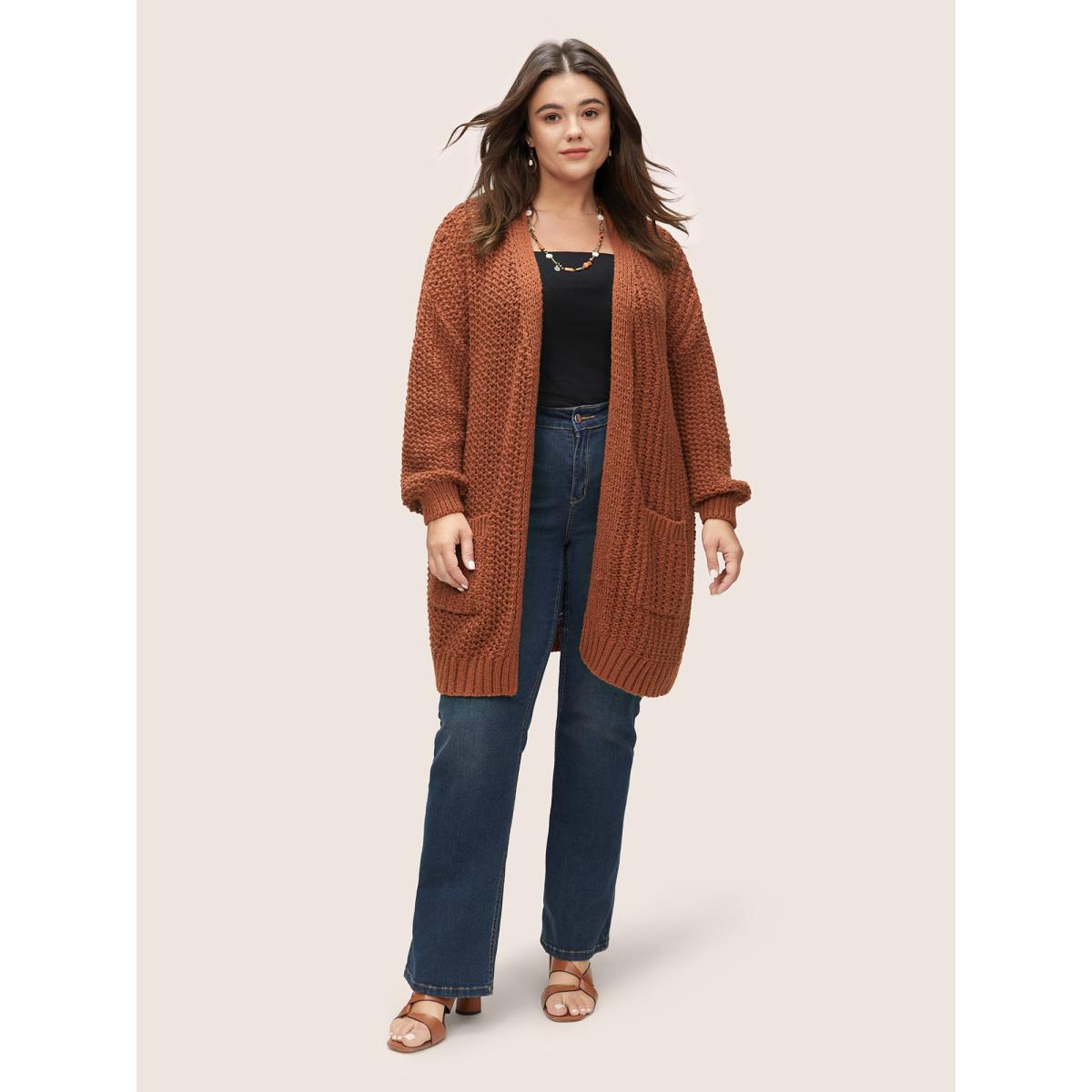 Plus Size Plain Dual Pocket Open Front Cardigan Chocolate Women Casual Loose Long Sleeve Dailywear Cardigans BloomChic 28/5X Product Image