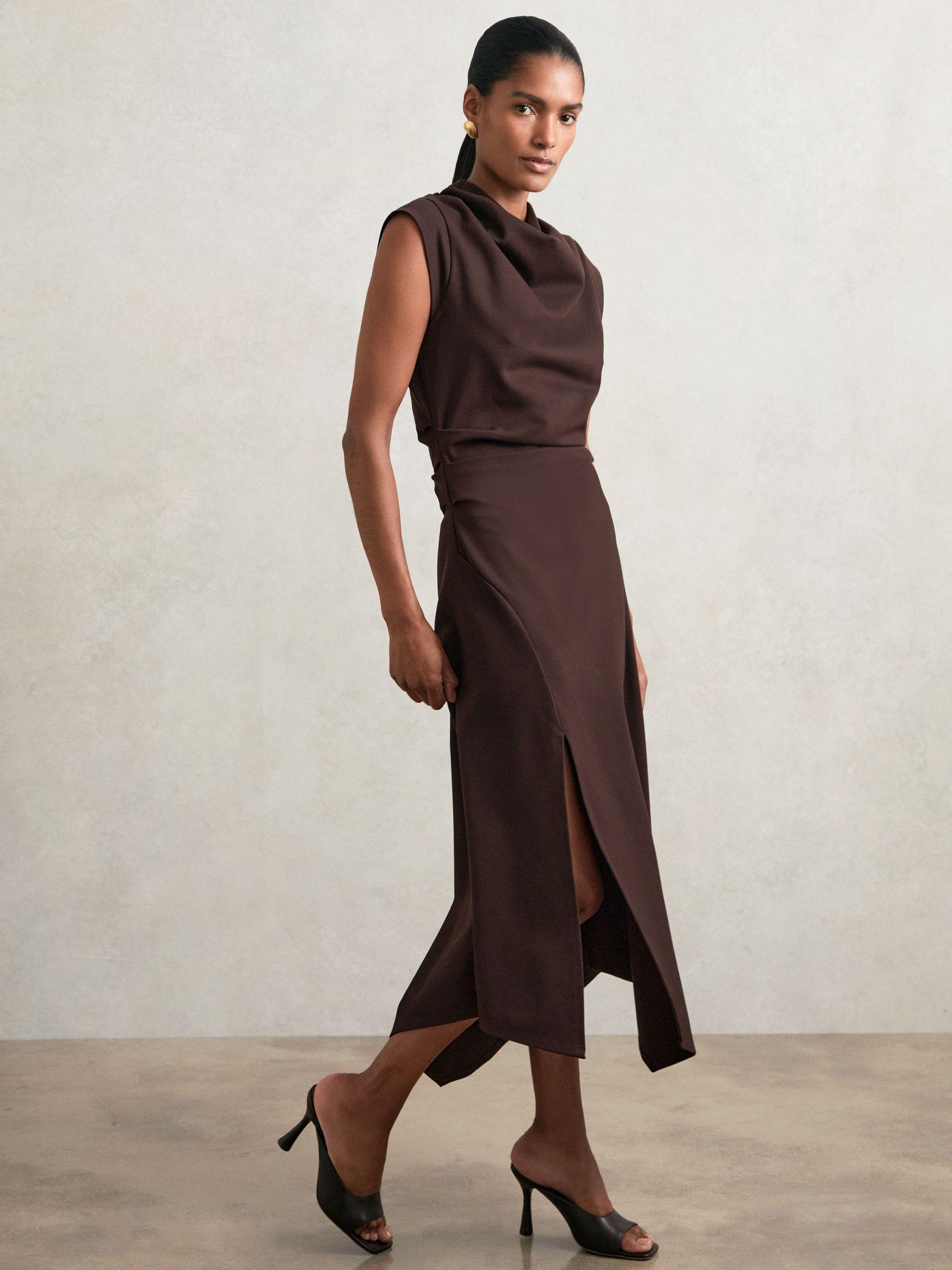 Twill-Jersey Draped Midi Dress in Burgundy Product Image