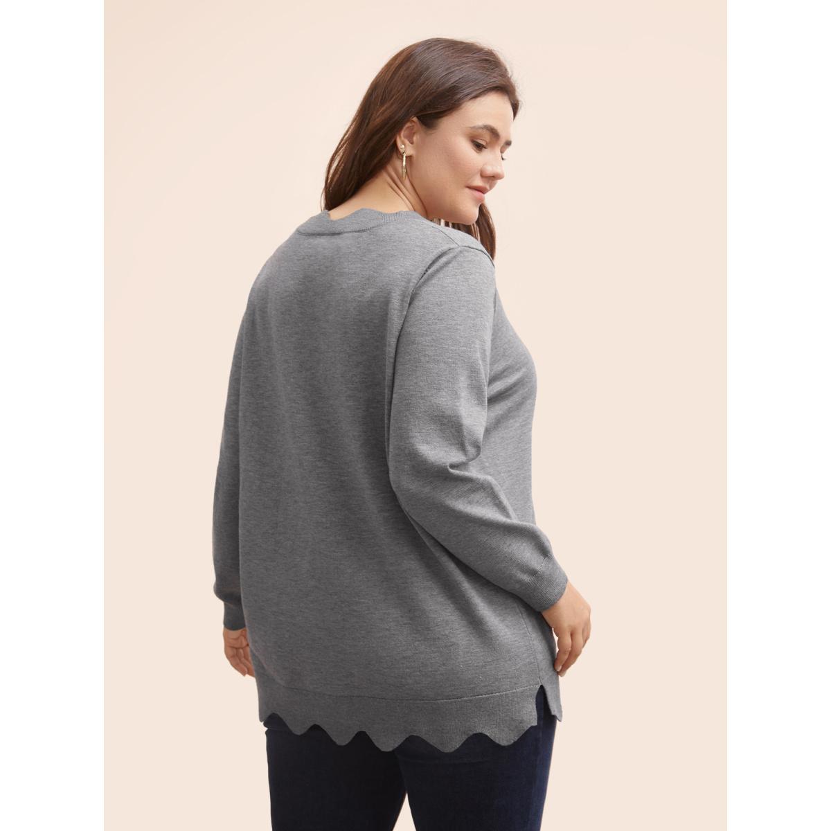 Plus Size Supersoft Essentials Scalloped Trim Split Hem Pullover Mediumgray Women Casual Long Sleeve V-neck Everyday Pullovers BloomChic 26/4X Product Image