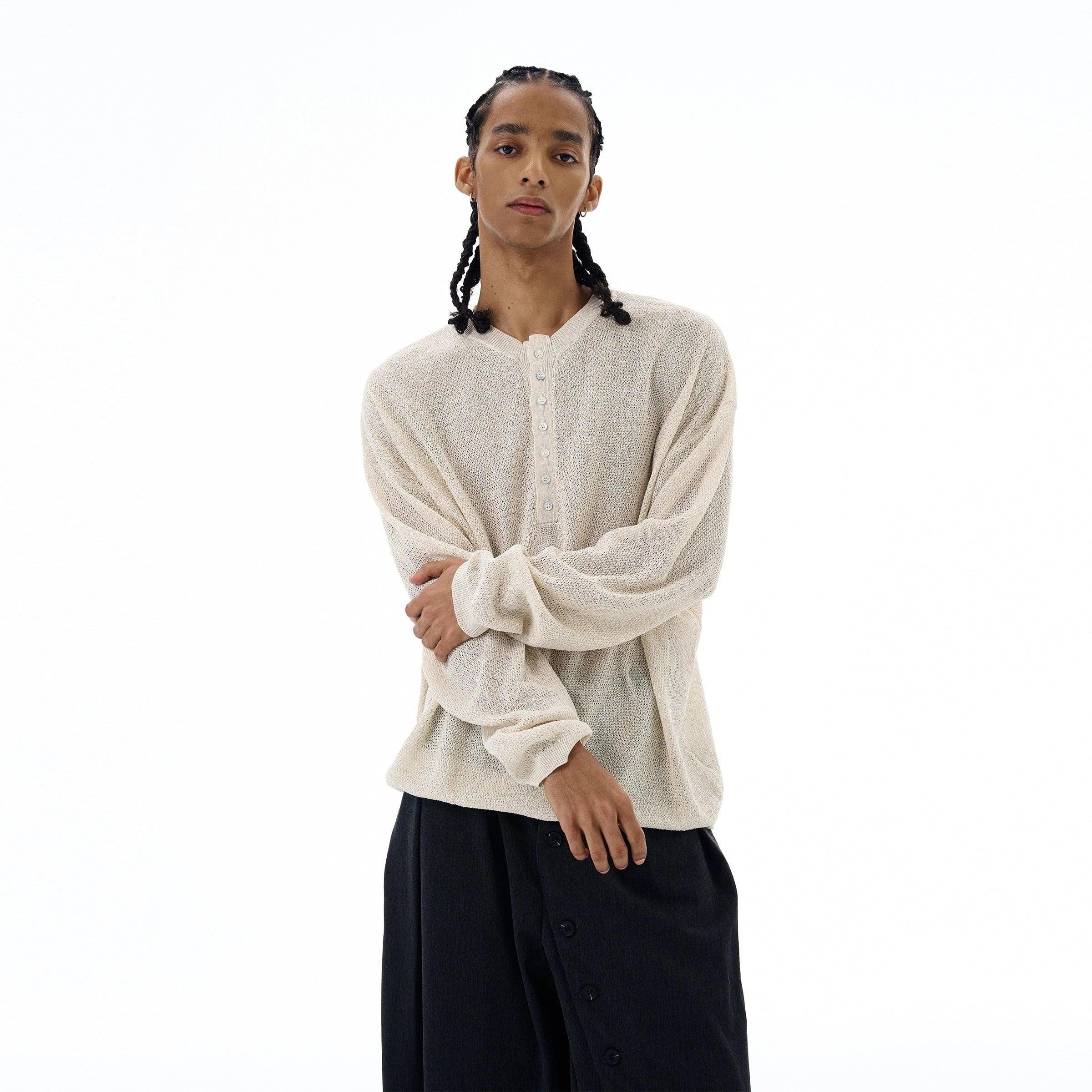 RT No. 19526 HOLLOW KNIT HALF BUTTON-UP SWEATER Product Image