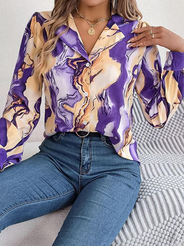 Long Sleeves Loose Buttoned Printed Notched Collar Blouses&Shirts Tops Product Image