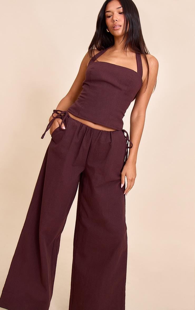 Deep Chocolate Premium Linen Side Tie Detail Wide Leg Pants Product Image