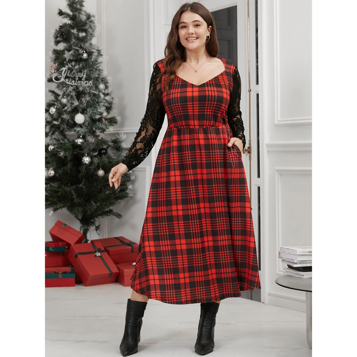Plus Size Plaid Pocket Contrast Lace V Neck Midi Dress Red Women Elegant Patchwork V-neck Long Sleeve Curvy Midi Dress BloomChic 10/M Product Image