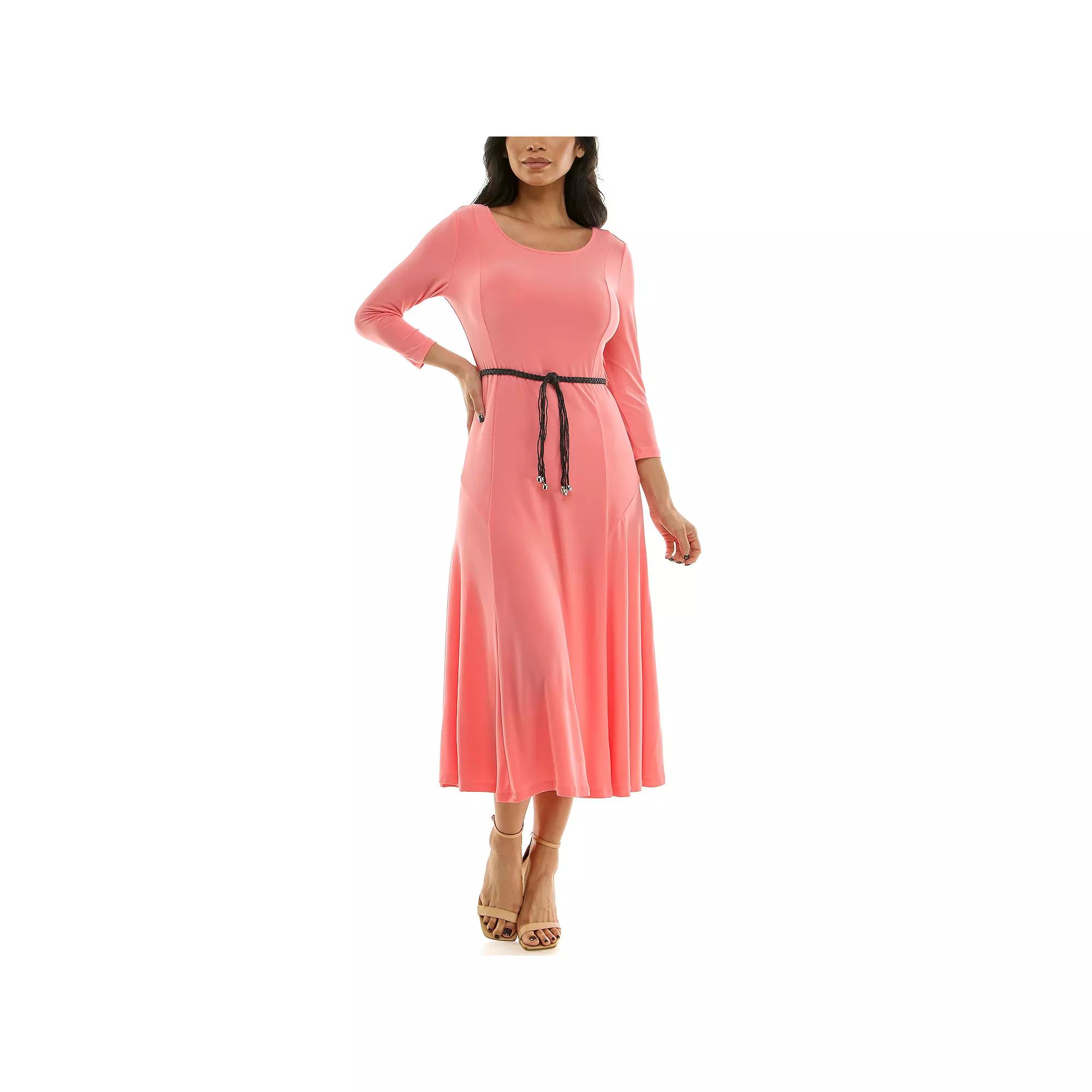 Women's Nina Leonard Sylvia Three-Quarter Sleeve Belted Midi Dress,  Product Image
