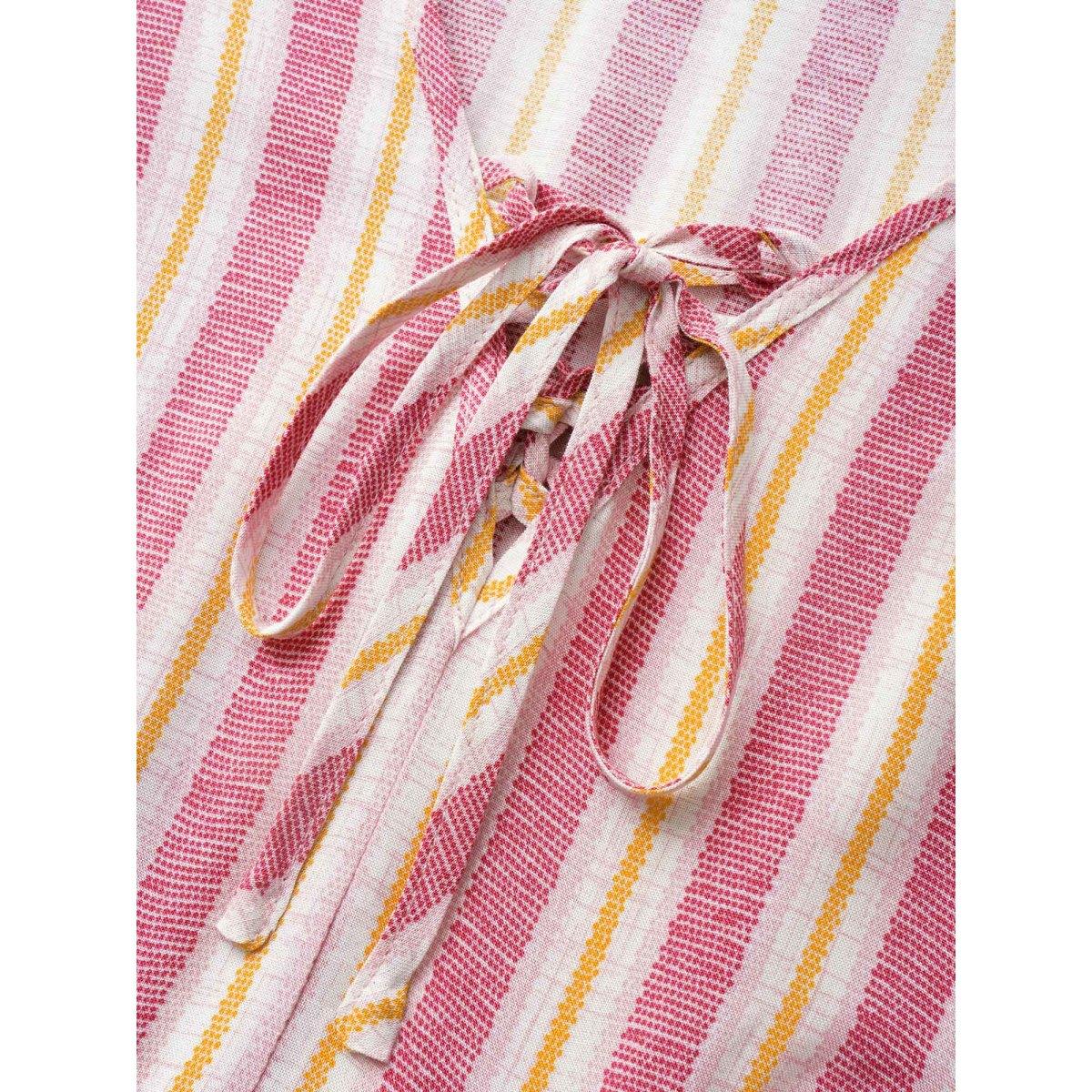 Plus Size Blush Striped Lace Up Lantern Sleeve Blouse Women Resort Long Sleeve V-neck Vacation Blouses BloomChic 22-24/3X Product Image