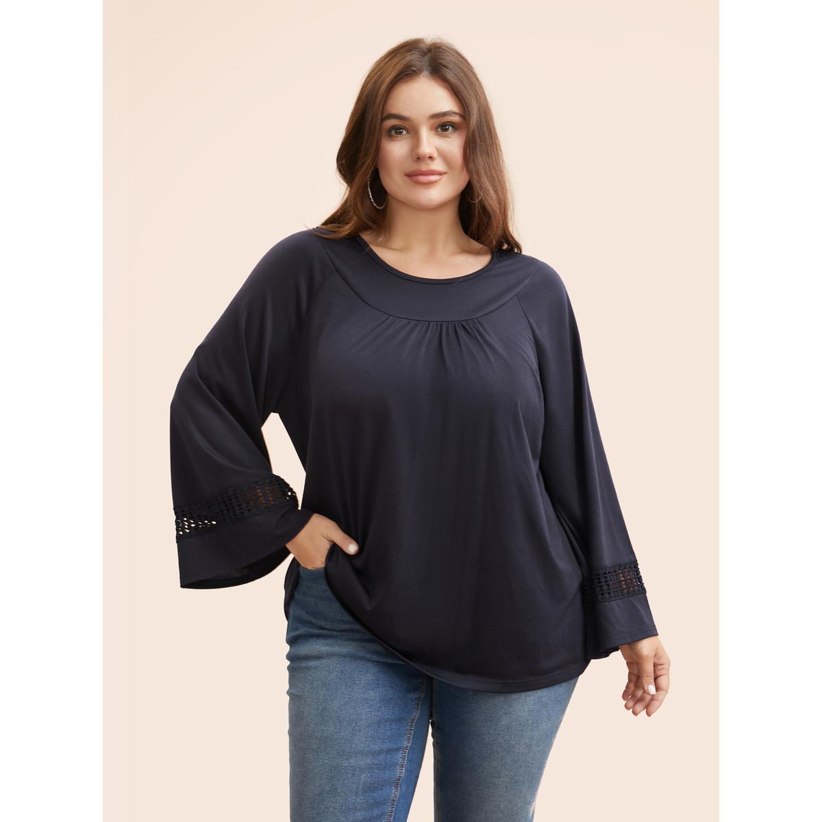 Plus Size Round Neck Lace Trim Raglan Sleeve T-shirt Indigo Women Casual Gathered Round Neck Everyday T-shirts BloomChic 30/6X Product Image