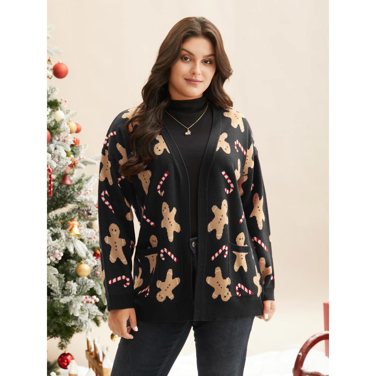 Plus Size Gingerbread & Candycane Shimmering Threads Cardigan Black Women Casual Loose Long Sleeve Everyday Cardigans BloomChic 12/L Product Image