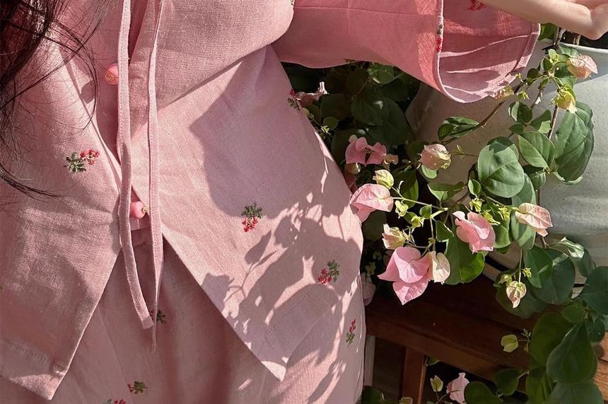 Pajama Set: Long-Sleeve Floral Embroidery Top + Pants Product Image