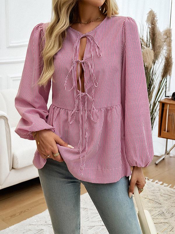 Long Sleeves Loose Elasticity Pleated Striped Tied Round-Neck Blouses&Shirts Tops Product Image