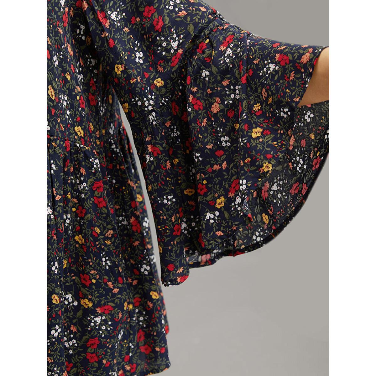 Plus Size Indigo Floral Tie Neck Frill Trim Bell Sleeve Blouse Women Elegant Long Sleeve Tie Neck Dailywear Blouses BloomChic 26/4X Product Image