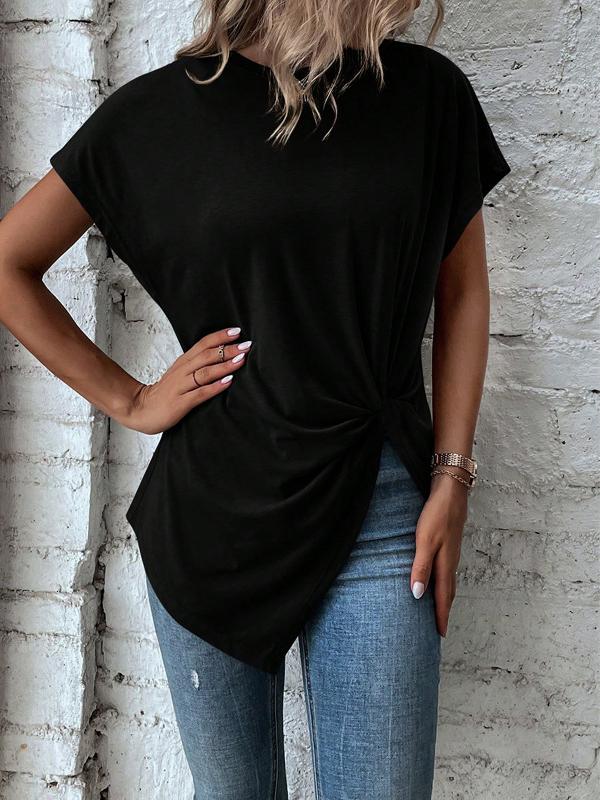 Batwing Sleeves Loose Asymmetric Pleated Solid Color Split-Joint Round-Neck T-Shirts Product Image