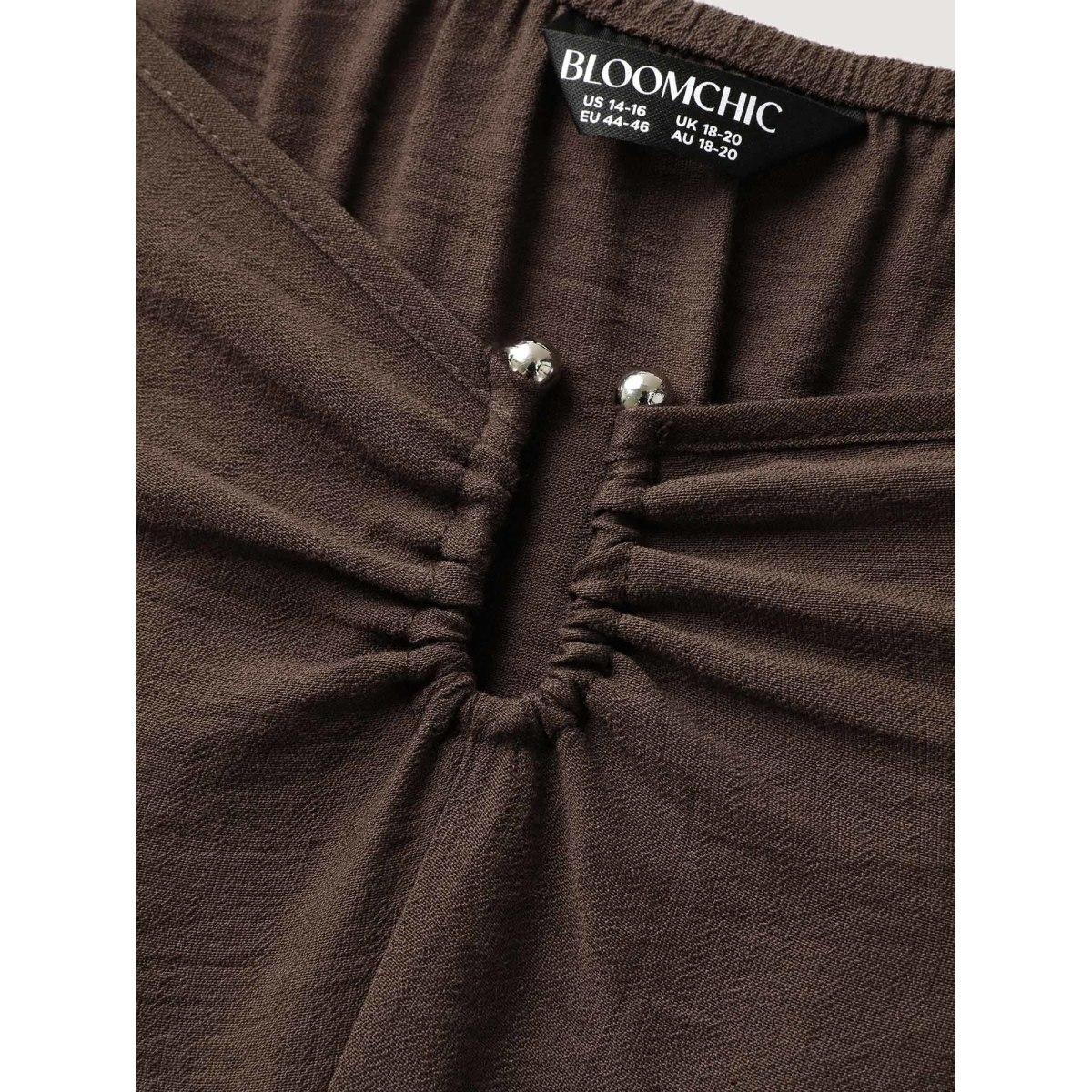 Plus Size Sweetheart U-Buckle Pockets Tiered Midi Dress DarkBrown Women Heart neckline Short sleeve Curvy BloomChic 12/L Product Image