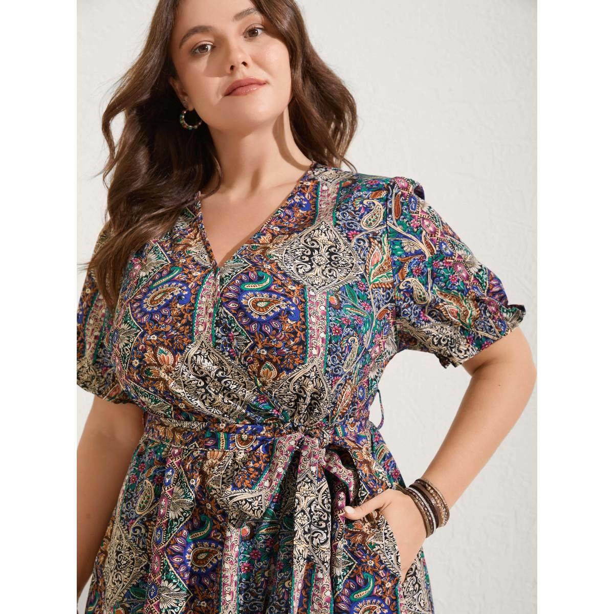 Plus Size Boho Print Overlap Hem Belted Midi Dress Multicolor Women Overlapping Overlap Collar Short sleeve Curvy BloomChic 26/4X Product Image