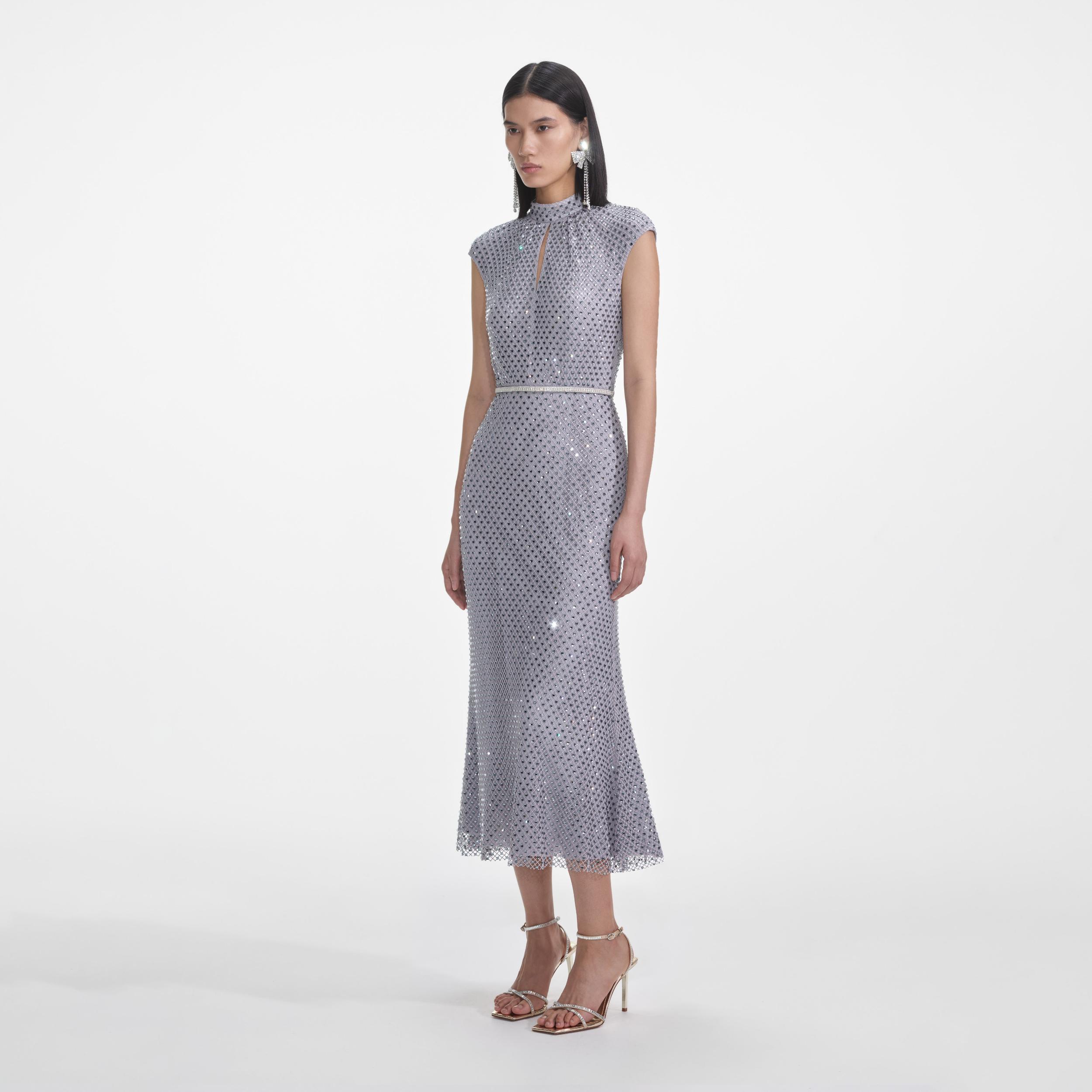 Grey Rhinestone Fishnet Midi Dress Product Image